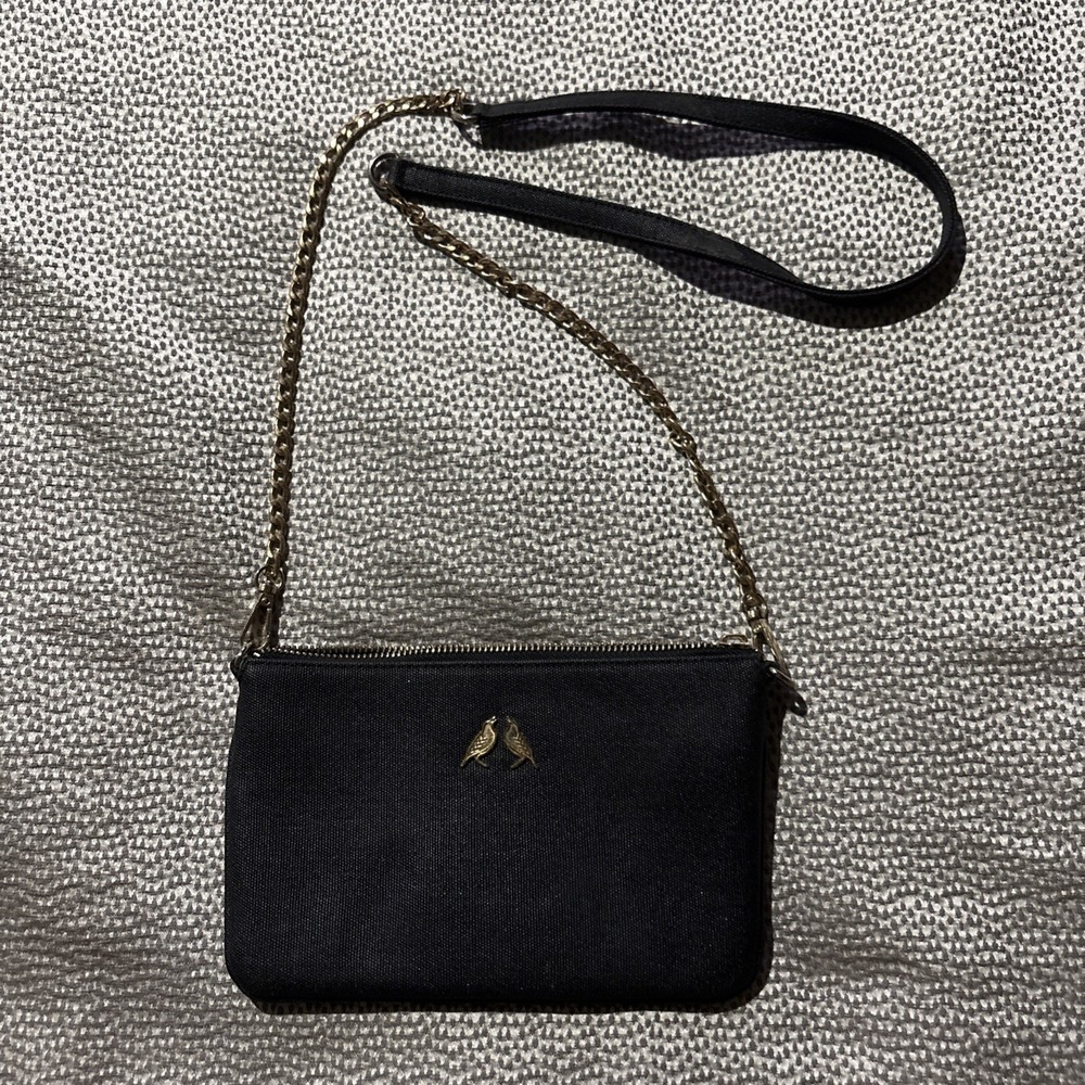 Black Clutch Purse Handbag Crossbody Chain Strap Removable Gold Love Birds